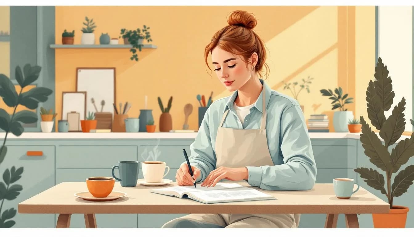 Ondernemer leest algemene voorwaarden aan keukentafel, koffie en laptop erbij.