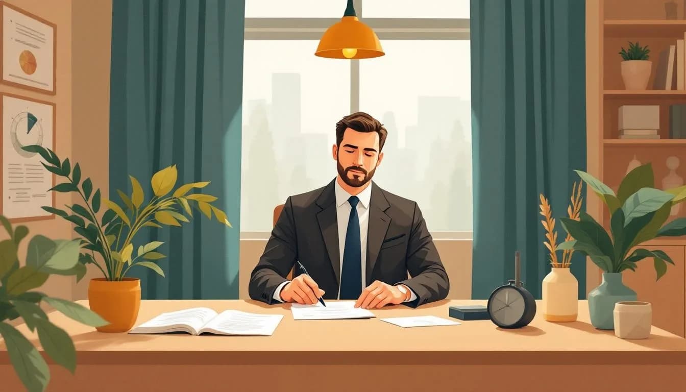 Juridisch adviseur bespreekt algemene voorwaarden met ondernemer, documenten op bureau.