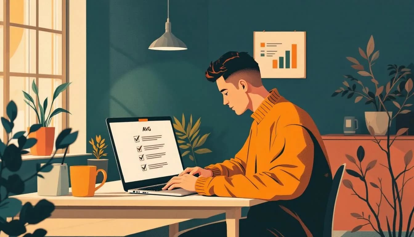 Ondernemer controleert privacyverklaring op laptop, notitieblok met AVG-checklist ernaast.