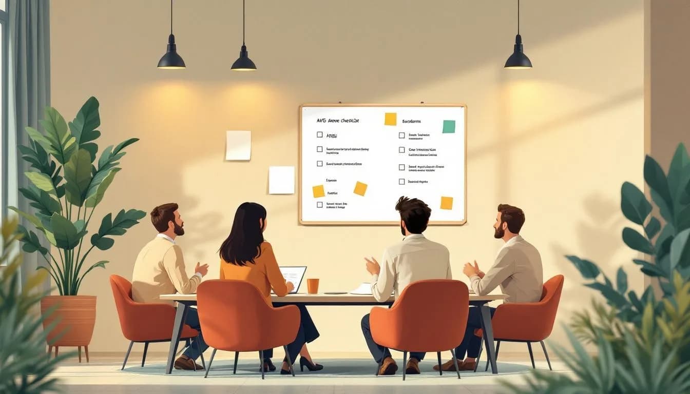 Team bespreekt AVG-checklist, stappenplan met post-its op muur.