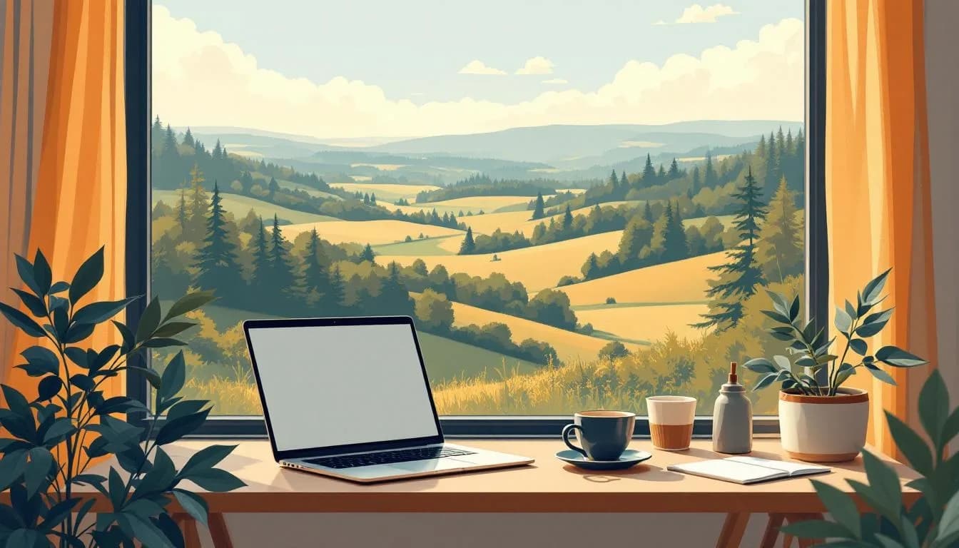 Bureau met laptop, koffie en een plattegrond van de Kempen.