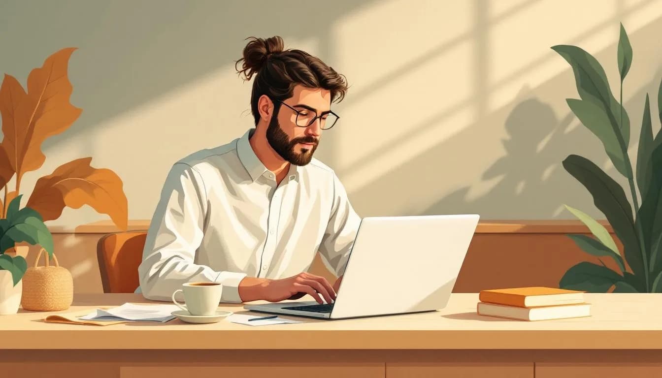 Ondernemer bekijkt polisvoorwaarden op een laptop aan de keukentafel, met koffie en documenten ernaast.