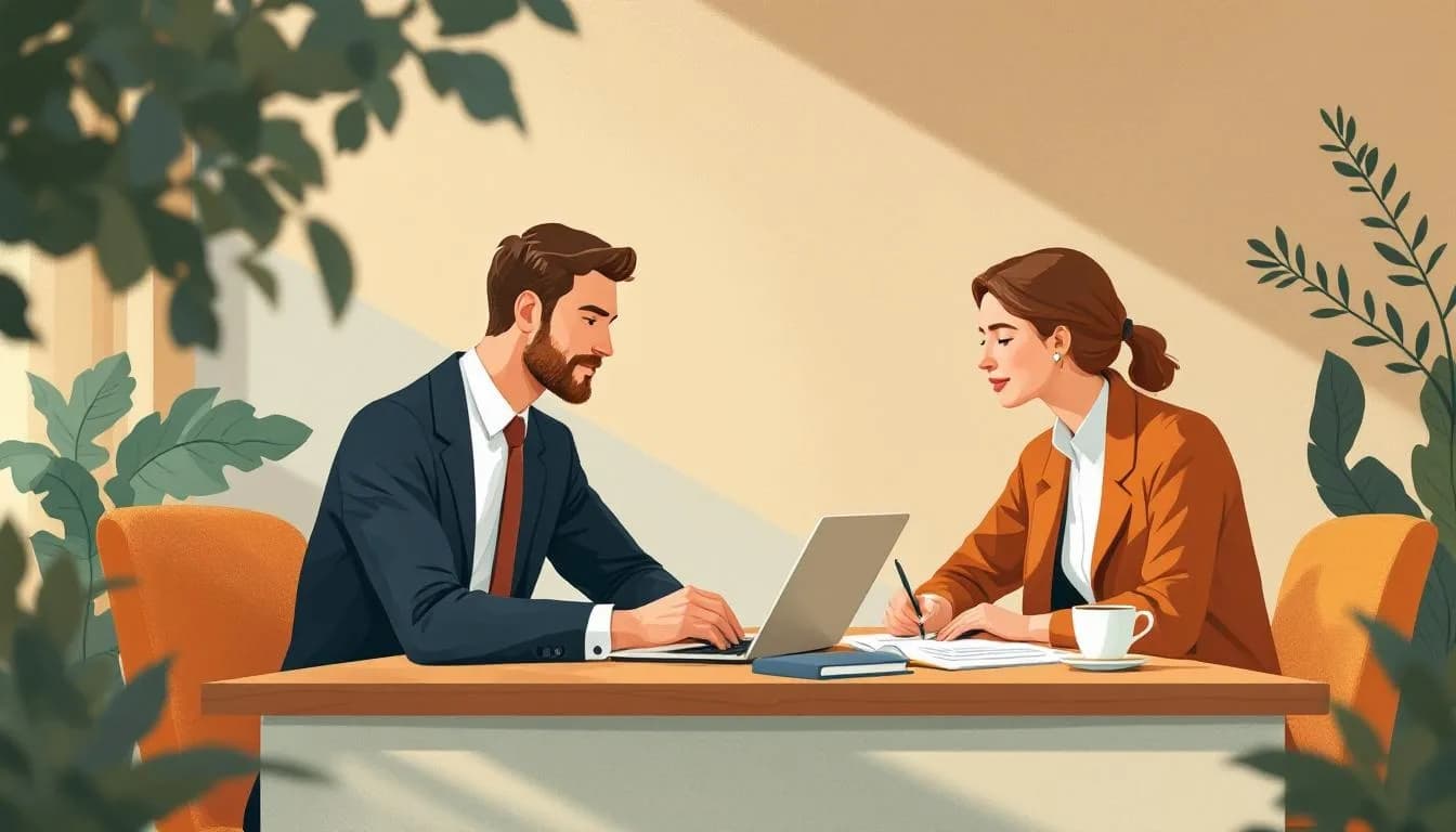 Boekhouder en ondernemer bespreken een jaarrekening aan een tafel, met laptop en kopjes koffie.