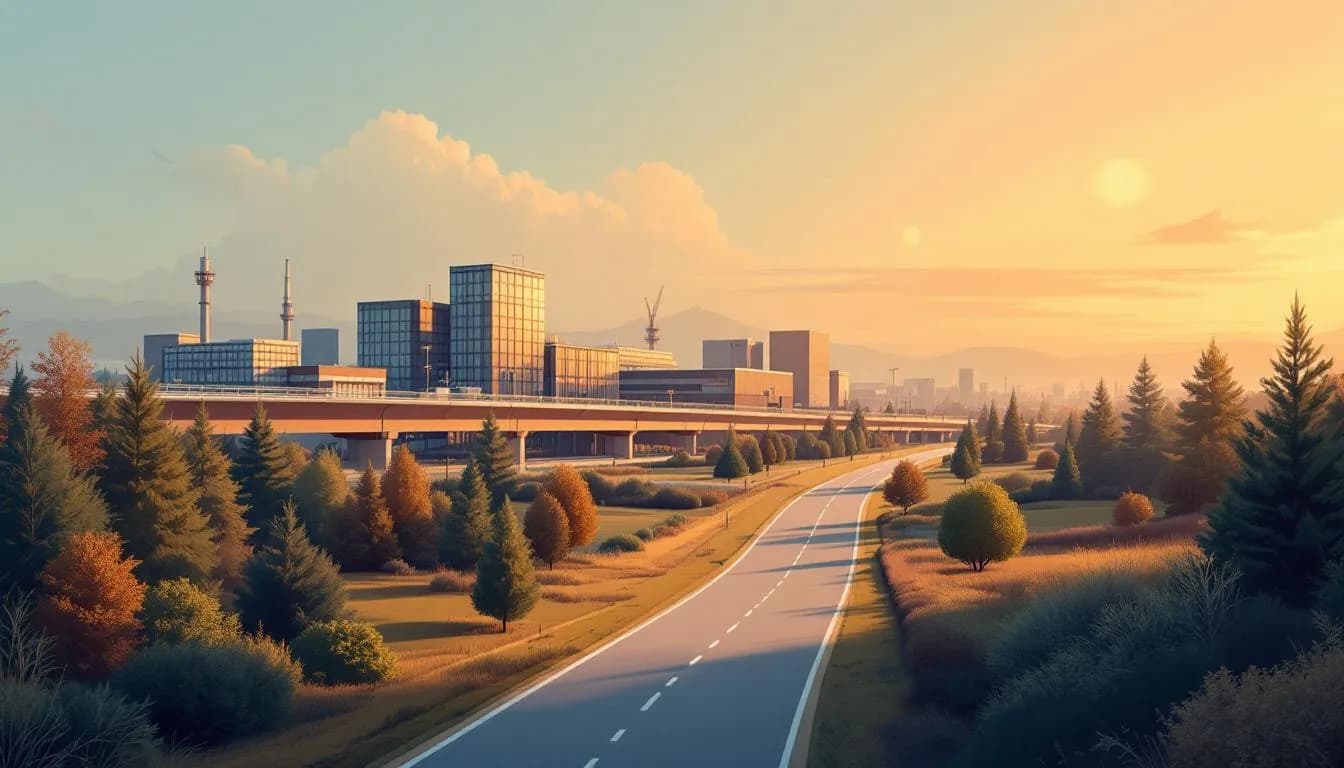 Schets van de High Tech Campus Eindhoven met een rijlijn richting de Kempen.