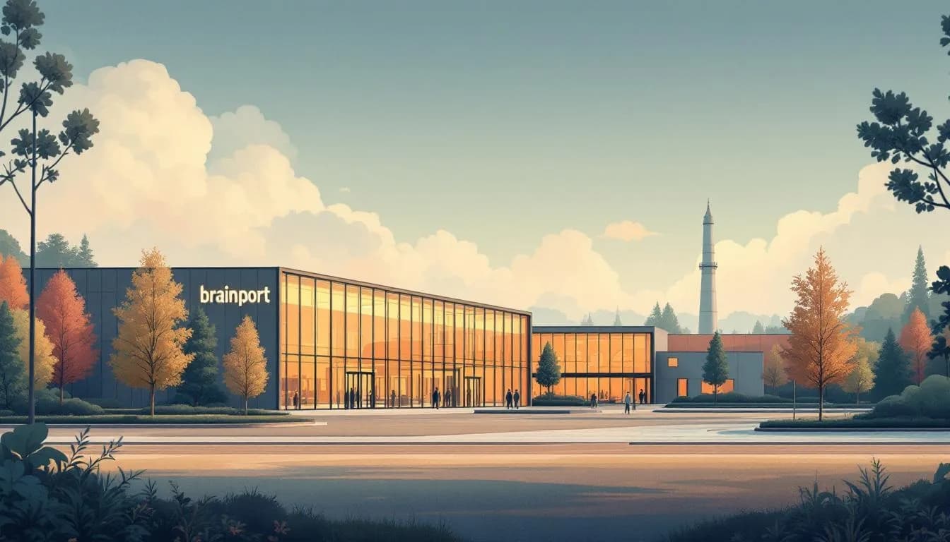 Schetsmatige voorstelling van een hightech bedrijventerrein met glazen assemblagehallen.