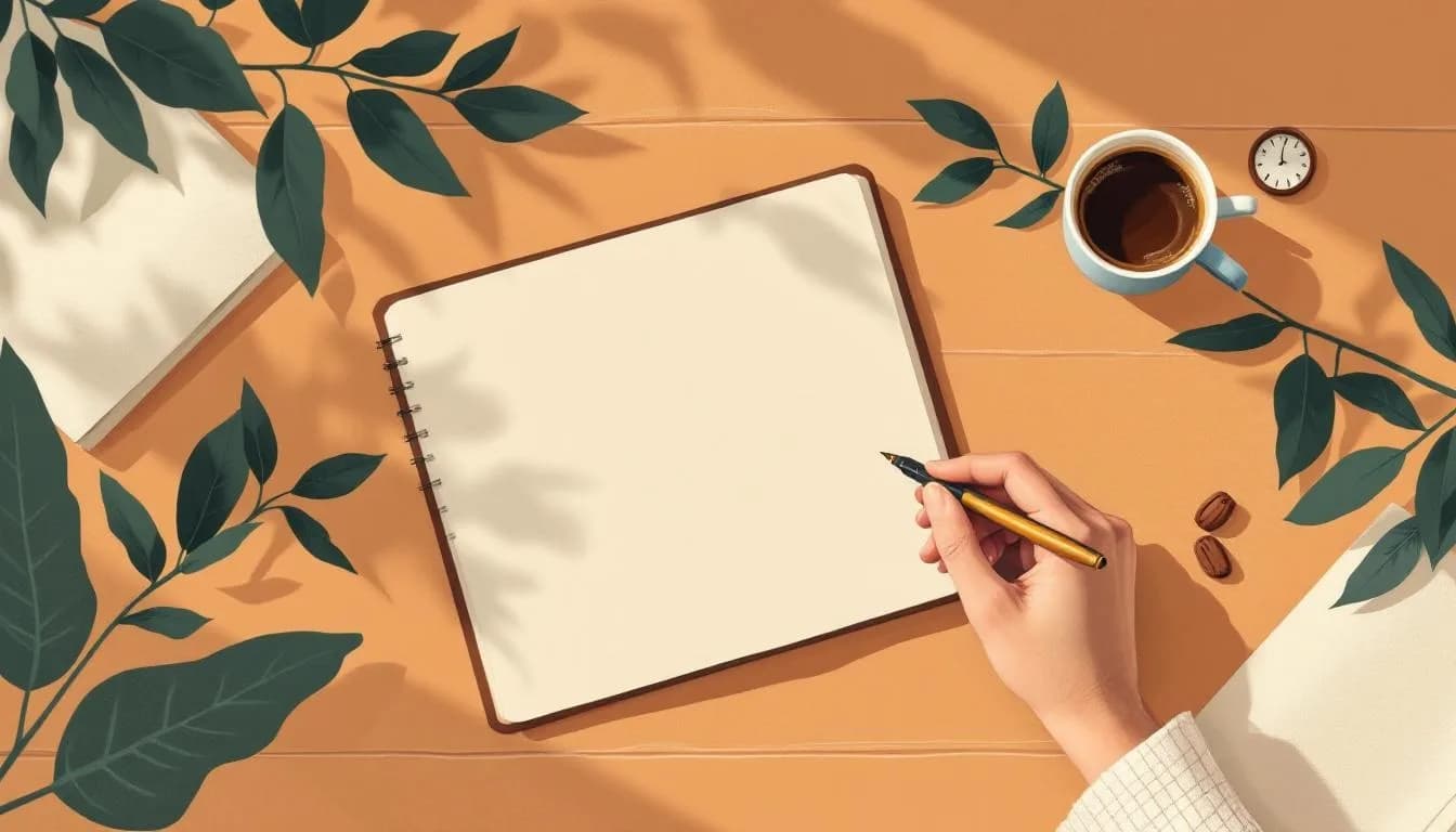 Notitieboek met handgeschreven businessplan-sketch, koffie erbij.