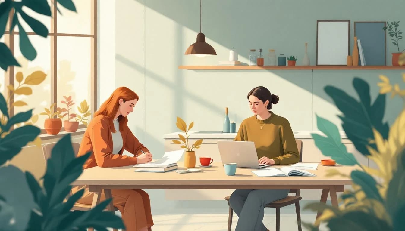 Platte illustratie: twee Kempische ondernemers aan keukentafel, berekening voor zonnepanelen en CO2-scan op papier, koffie, schetsen — werksessie over verduurzaming.