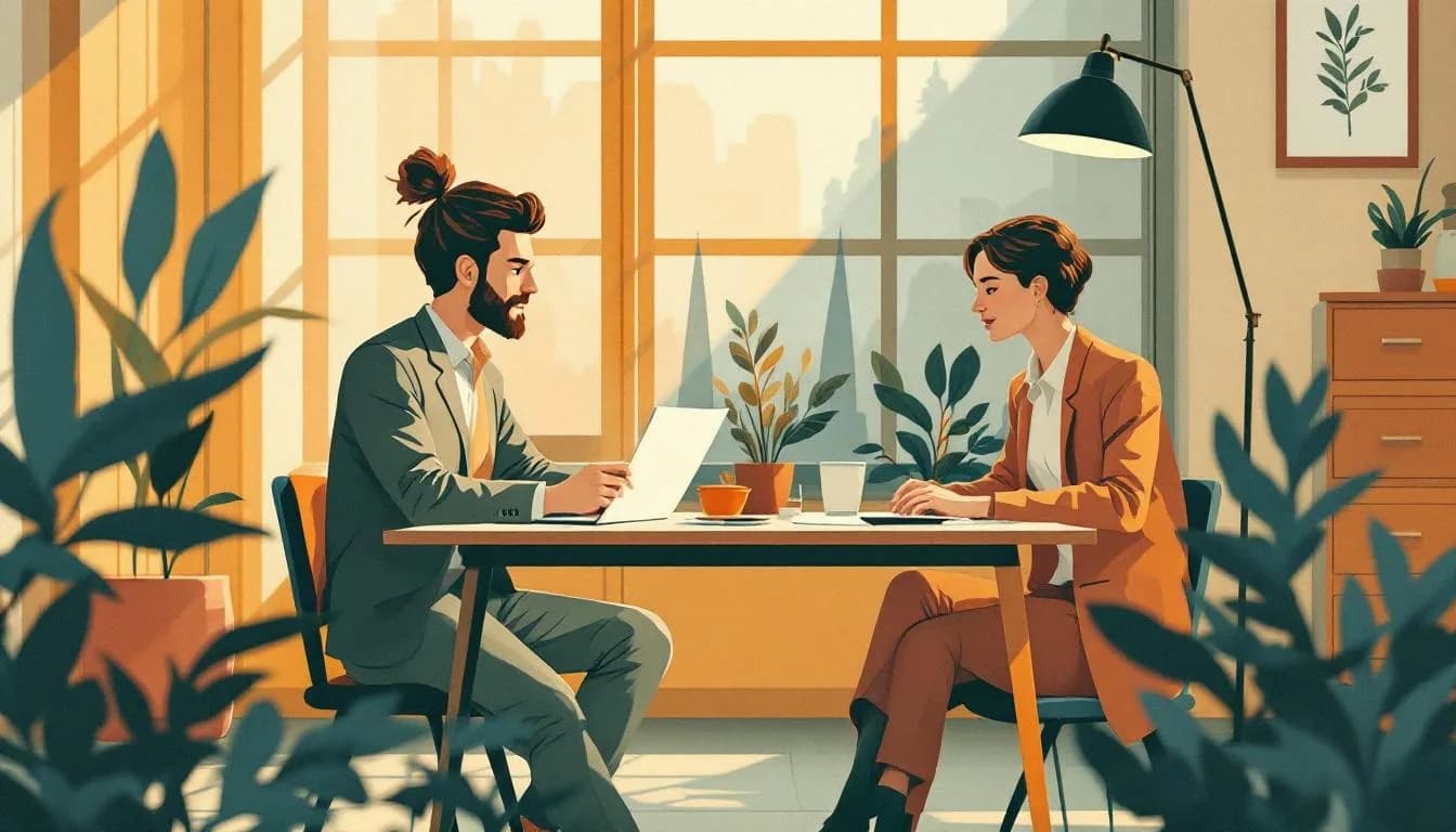 Twee mensen aan een bureau - werkgever en kandidaat tijdens een sollicitatiegesprek.