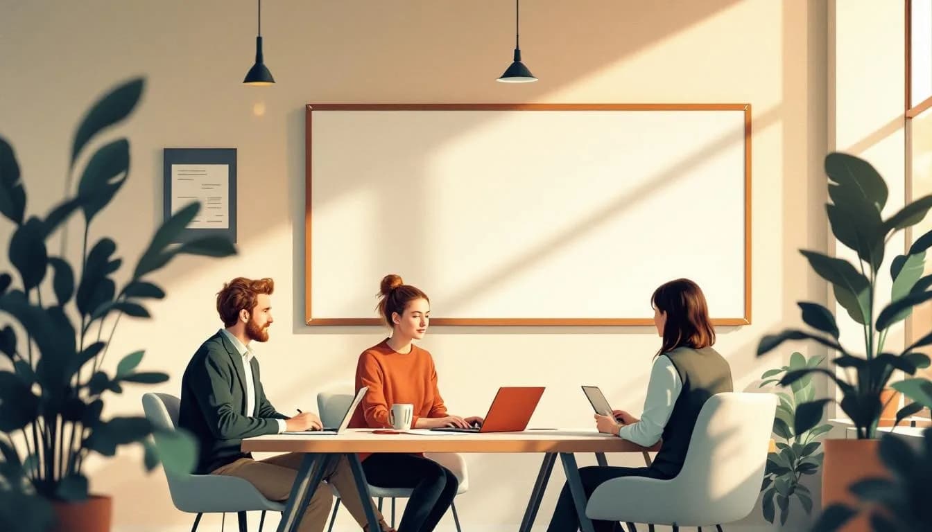 Werkplek met jong team, laptops en whiteboard.