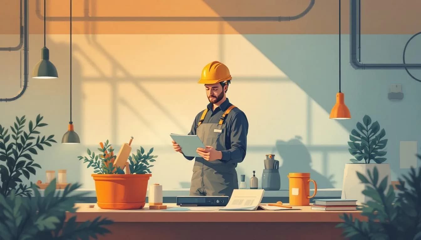 Schetsmatige illustratie van een leerling-monteur in een hightech werkplaats.