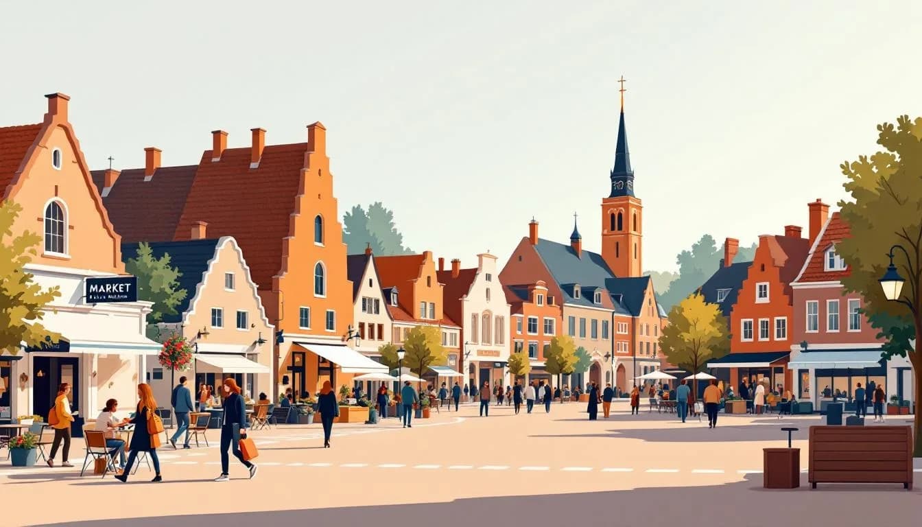 Schets van een marktplein in een Kempische stad met kerktoren en herstelde 17e-eeuwse gevels.