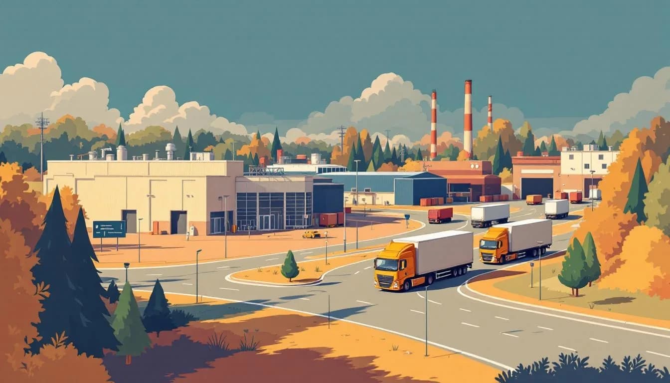 Schets van een Kempische industriezone bij een autosnelweg met vrachtwagens en bedrijfshallen in zacht avondlicht.