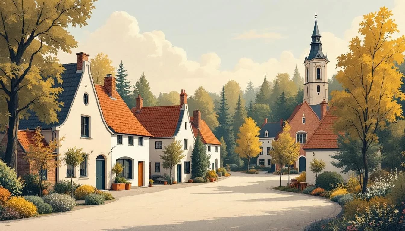 Schets van een Kempisch dorpsplein met een witte kerktoren en een rij oude huizen, in de stijl van een Vlaams renaissance-paneel.