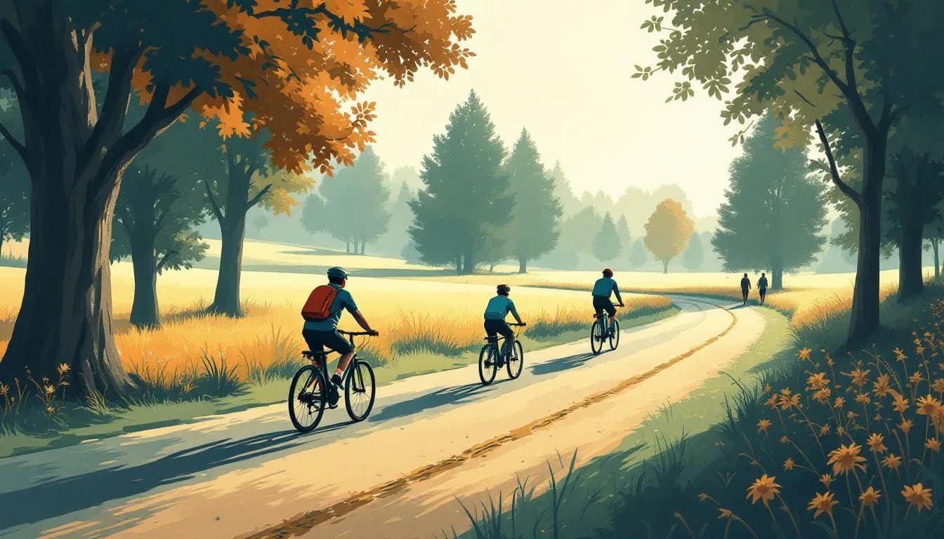 Schets van fietsers op een Kempische landweg met een eindeloze rij beuken, late namiddagzon, Vlaamse landschapsstijl.