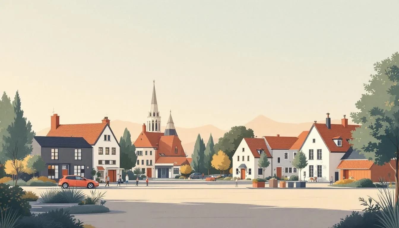 Schets van een Vlaams dorpscentrum met kerktoren en huizen rond een plein in zacht avondlicht.