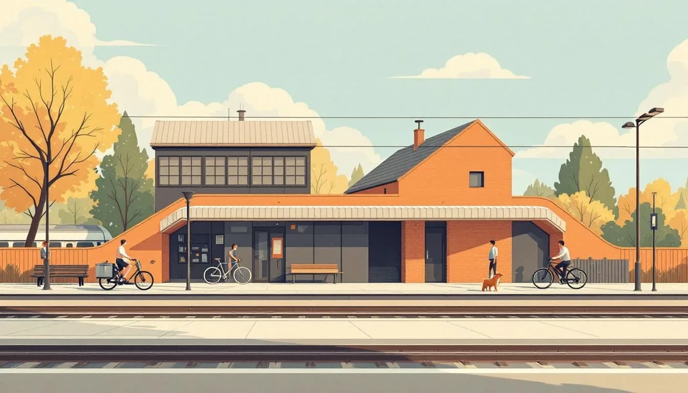 Schets van een Vlaams treinstation met perron, fietsen tegen het hek en pendelaars in vroeg ochtendlicht.