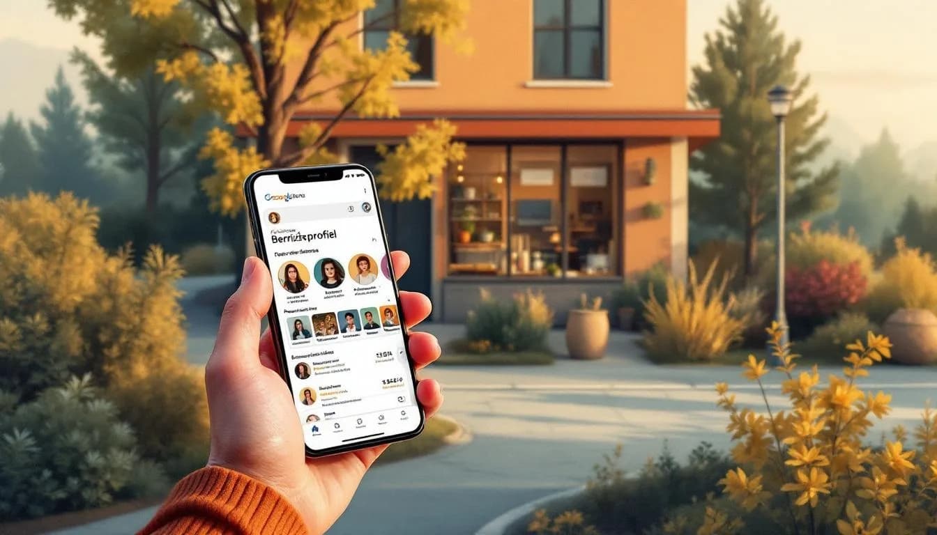 Smartphone die een Google Bedrijfsprofiel toont met reviewsterren, openingstijden en foto's van een bedrijfspand.