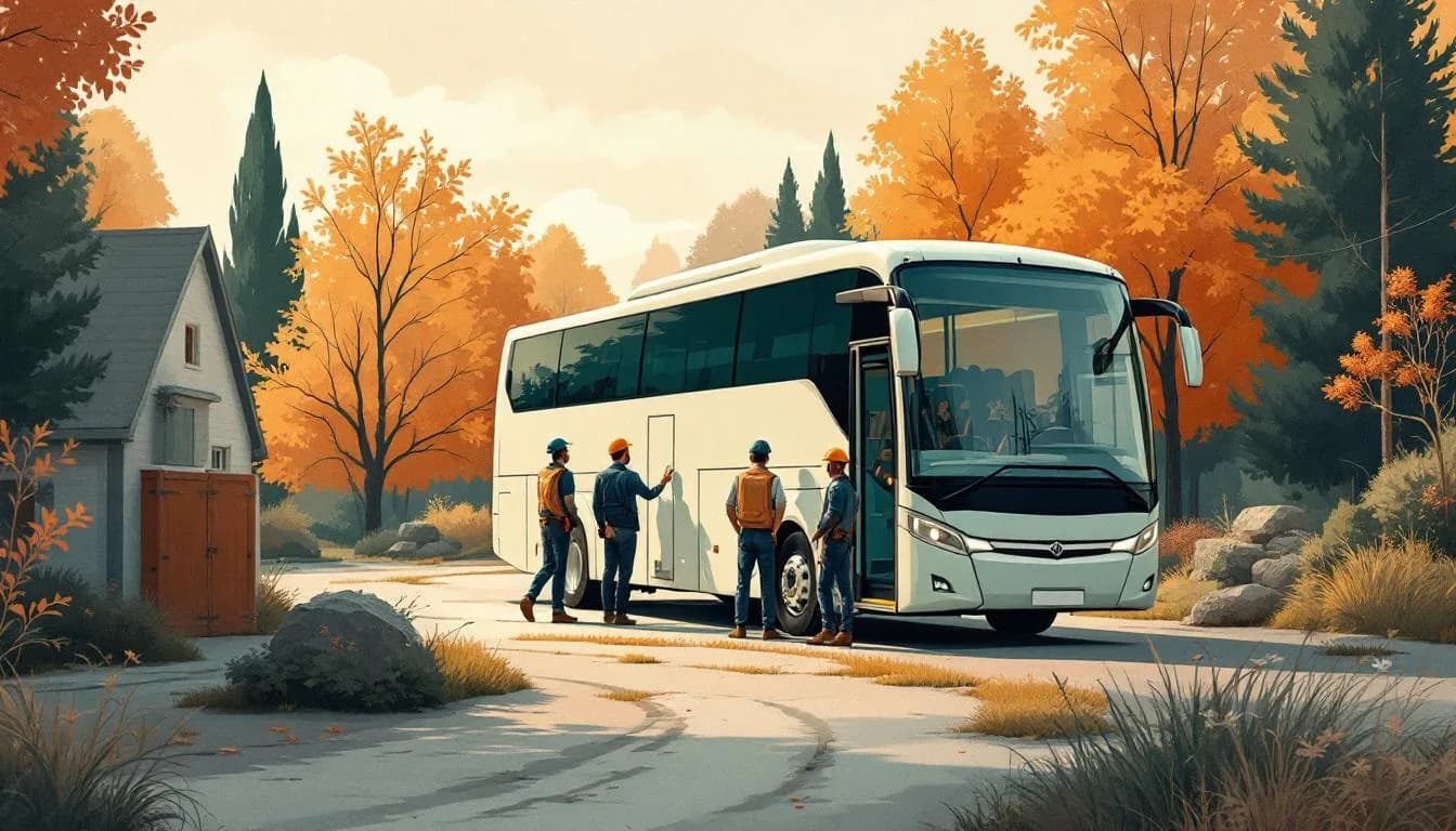 Teamfoto van monteurs bij een bedrijfsbus voor een woning.