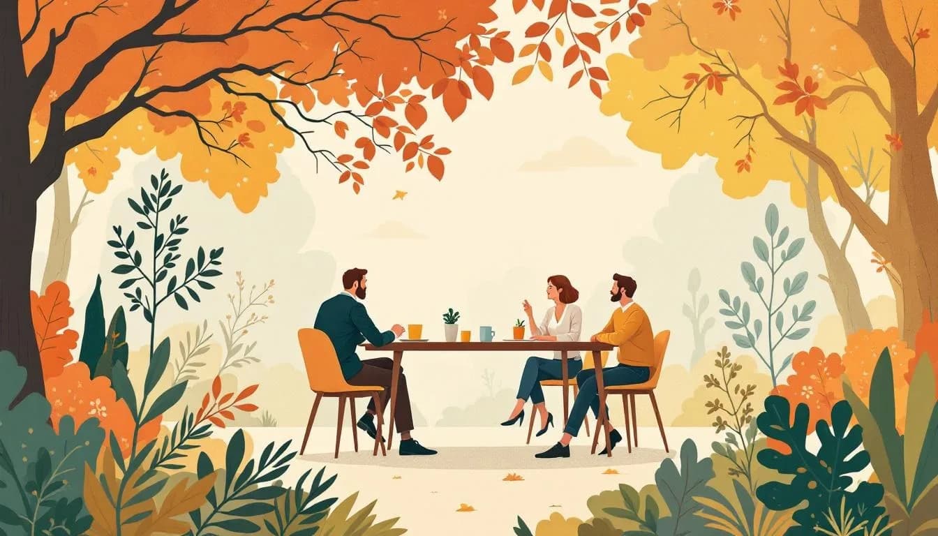 Schetsmatige voorstelling van een zakelijke bijeenkomst met Nederlandse en Belgische ondernemers rond een tafel.