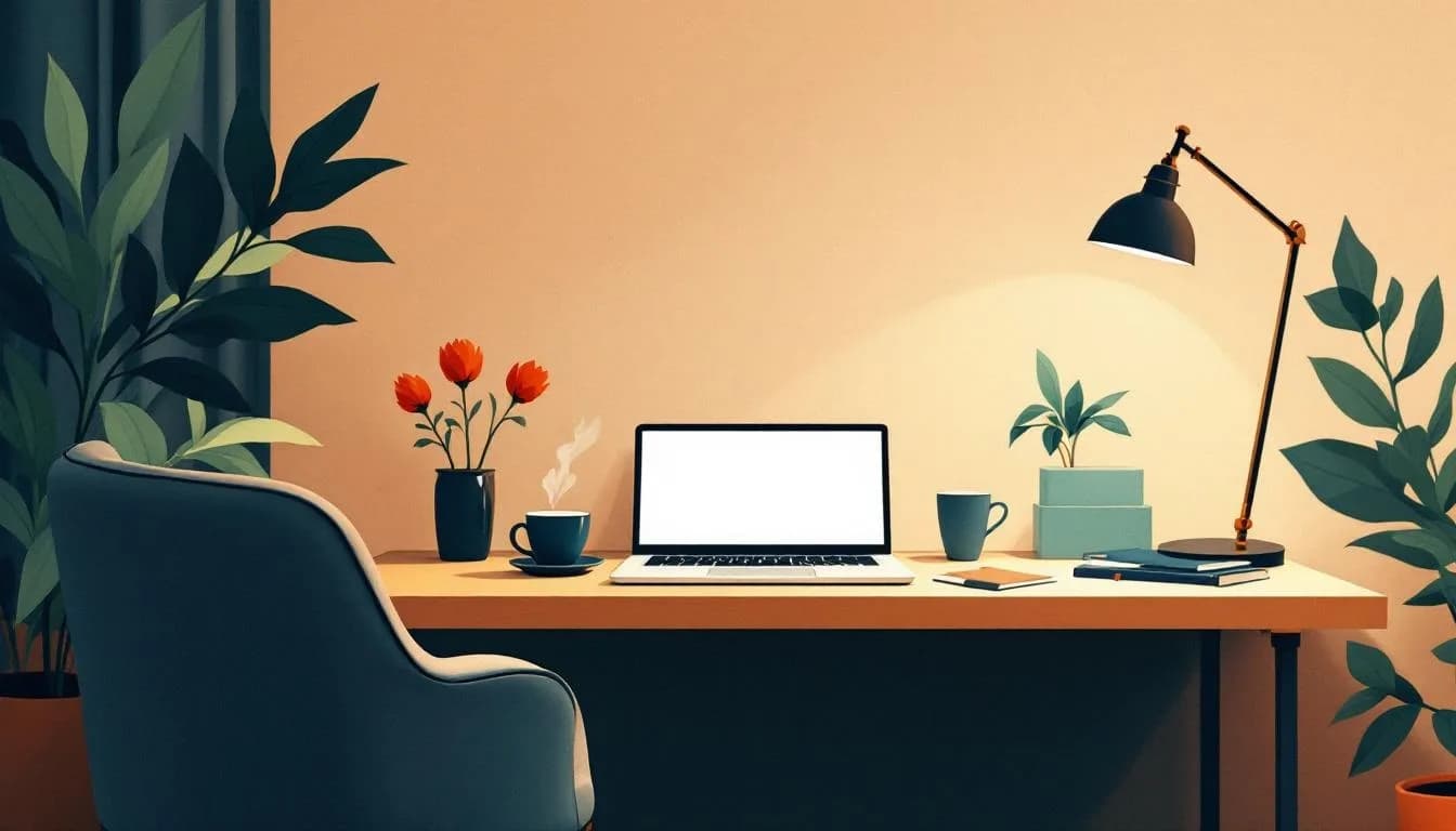 Bureau met paspoort, laptop en koffie - voorbereiding op een KvK-afspraak.