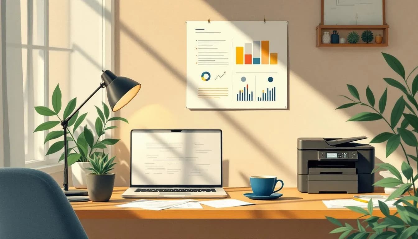 Bureau met een laptop, een projectplan, een printer en kopjes koffie — werksessie aan een subsidieaanvraag.