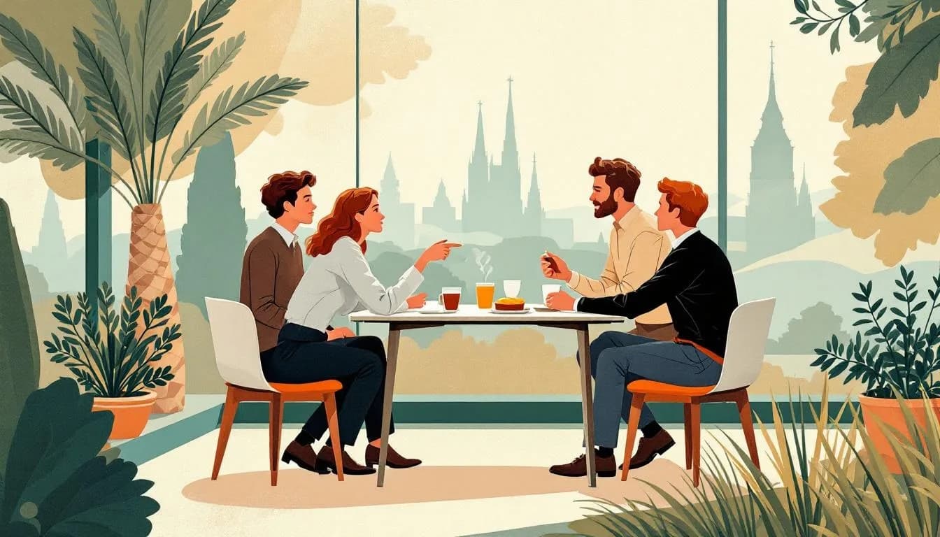Platte illustratie van een Kempische netwerkbijeenkomst: ondernemers in gesprek bij statafels, koffie en taart, warm verlicht.