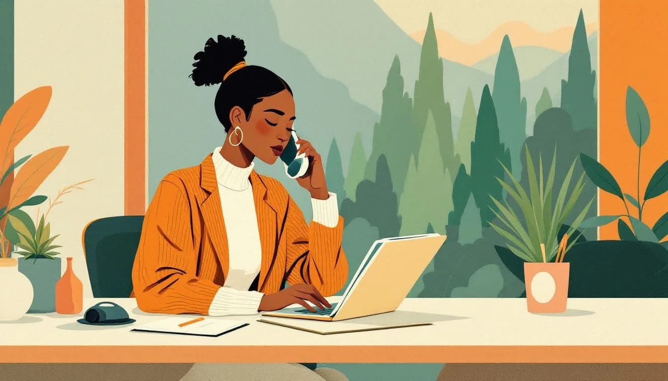 Platte illustratie van een ondernemer met telefoon en agenda aan keukentafel, plant er een netwerkbijeenkomst in — de overgang van "kennen" naar "bezoeken".