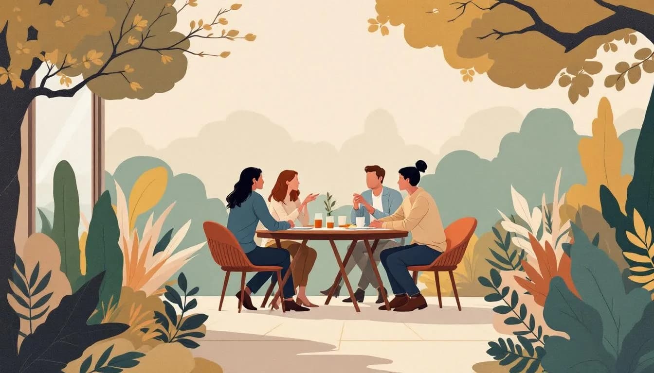 Schets van een netwerkavond in de Kempen met ondernemers in gesprek rond een tafel.