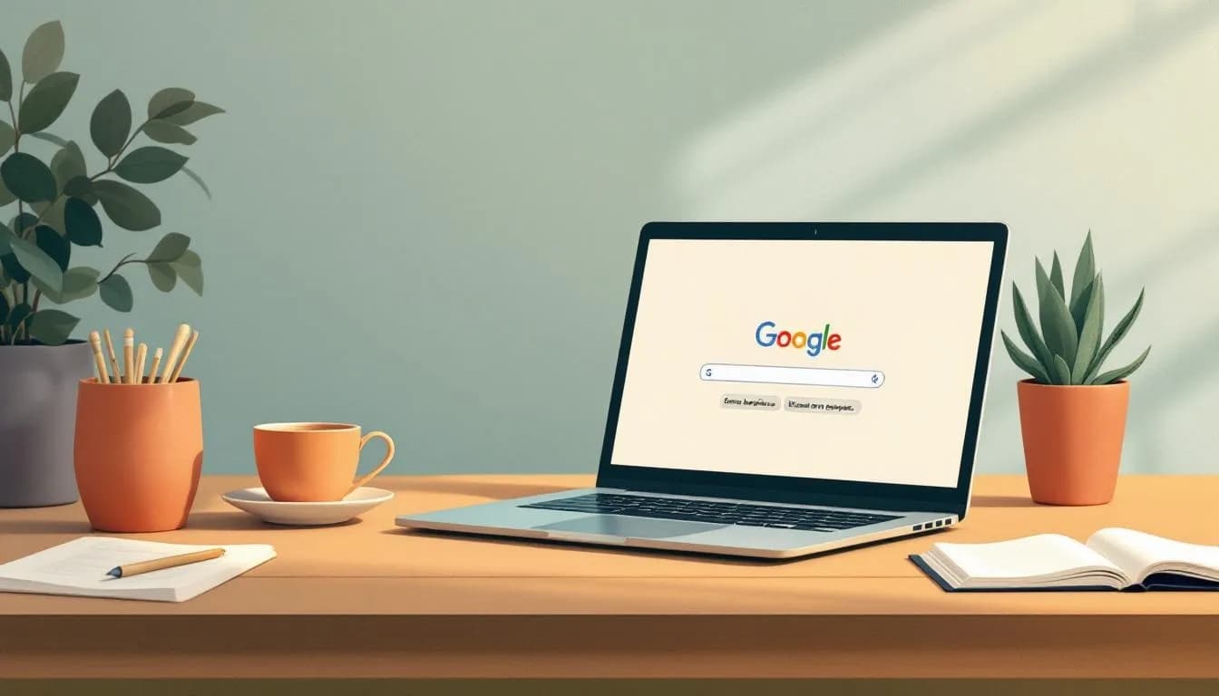 Laptop op een werkbank met een Google-zoekresultaat dat drie lokale bedrijven toont in Bladel en omgeving.