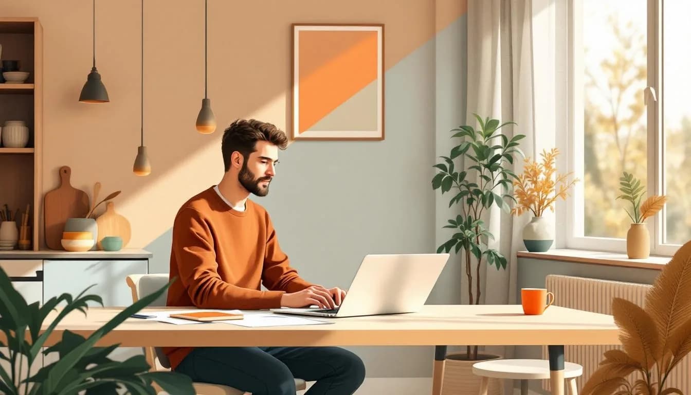 Platte illustratie van een ondernemer aan keukentafel met laptop, schetsblok en koffie — het moment waarop plannen nog vorm krijgen.