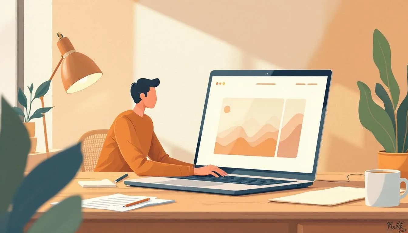 Platte illustratie: oplevering van een website op laptopscherm, ondernemer knikt tevreden, papieren checklist ernaast.