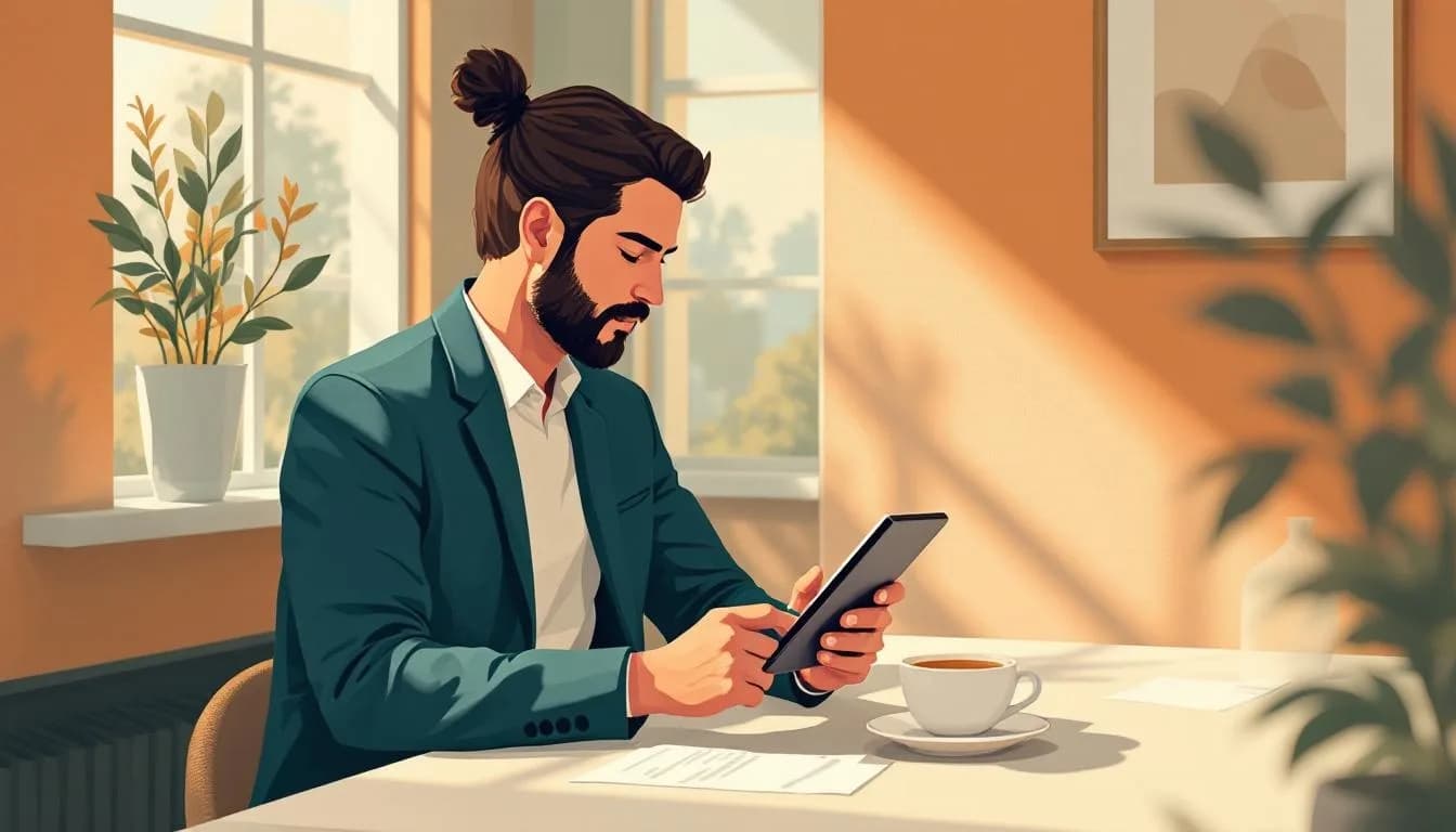 Ondernemer aan een bureau die met koffie naast zich een Instagram-post plant op een tablet.