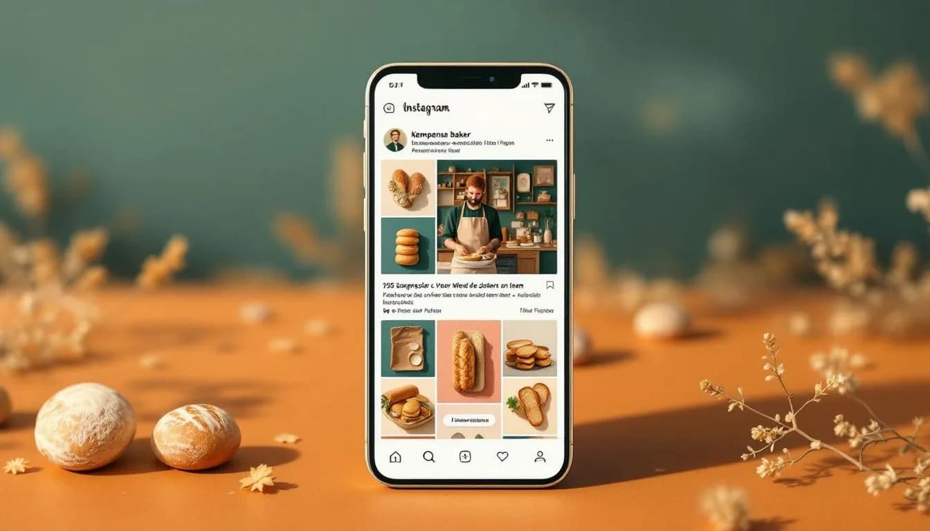 Smartphone scherm met een Instagram feed die een Kempische bakker toont met foto's van brood en team.
