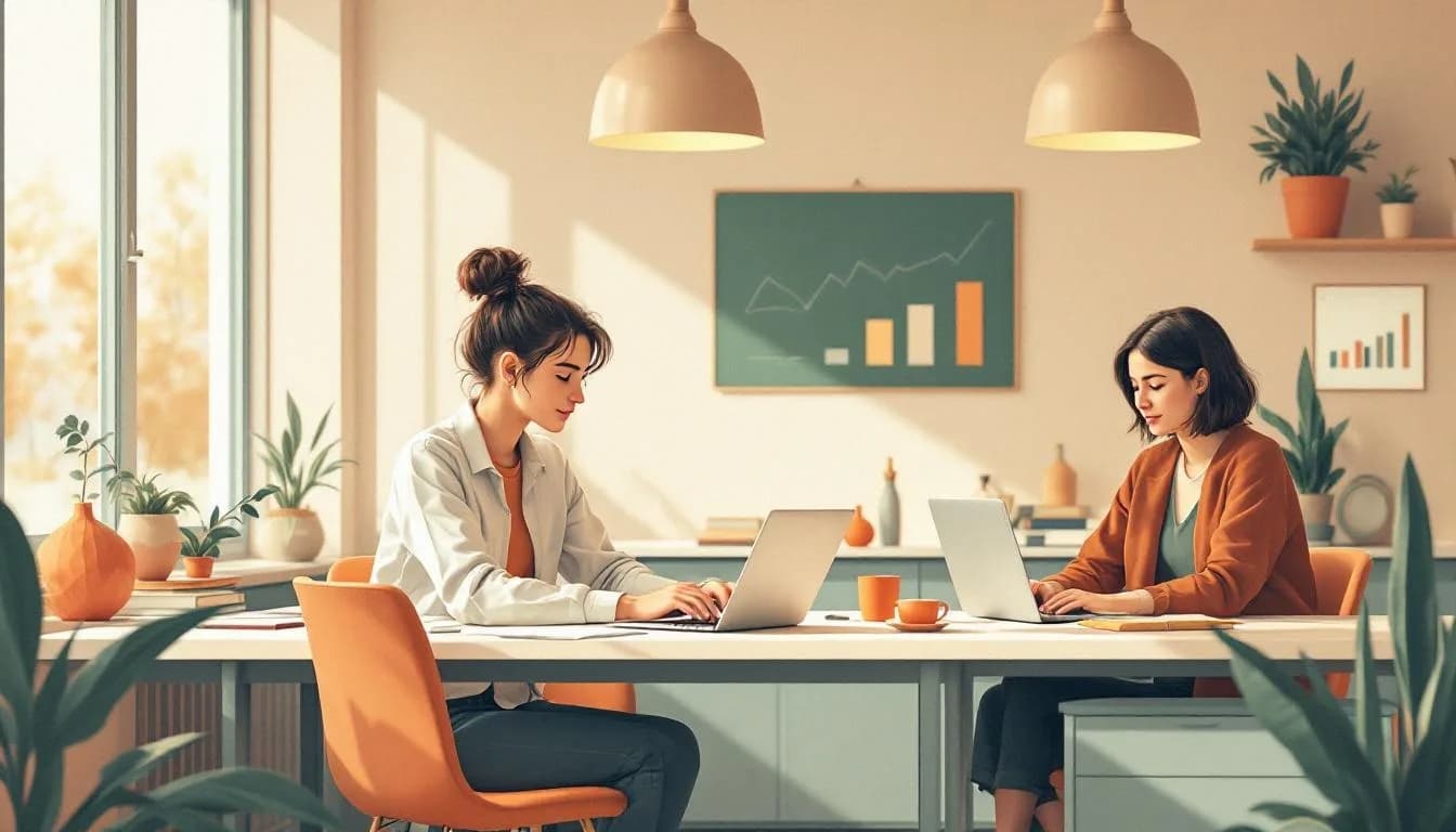 Student met laptop in een Kempisch bedrijf, collega's aan het meelopen op de werkvloer.