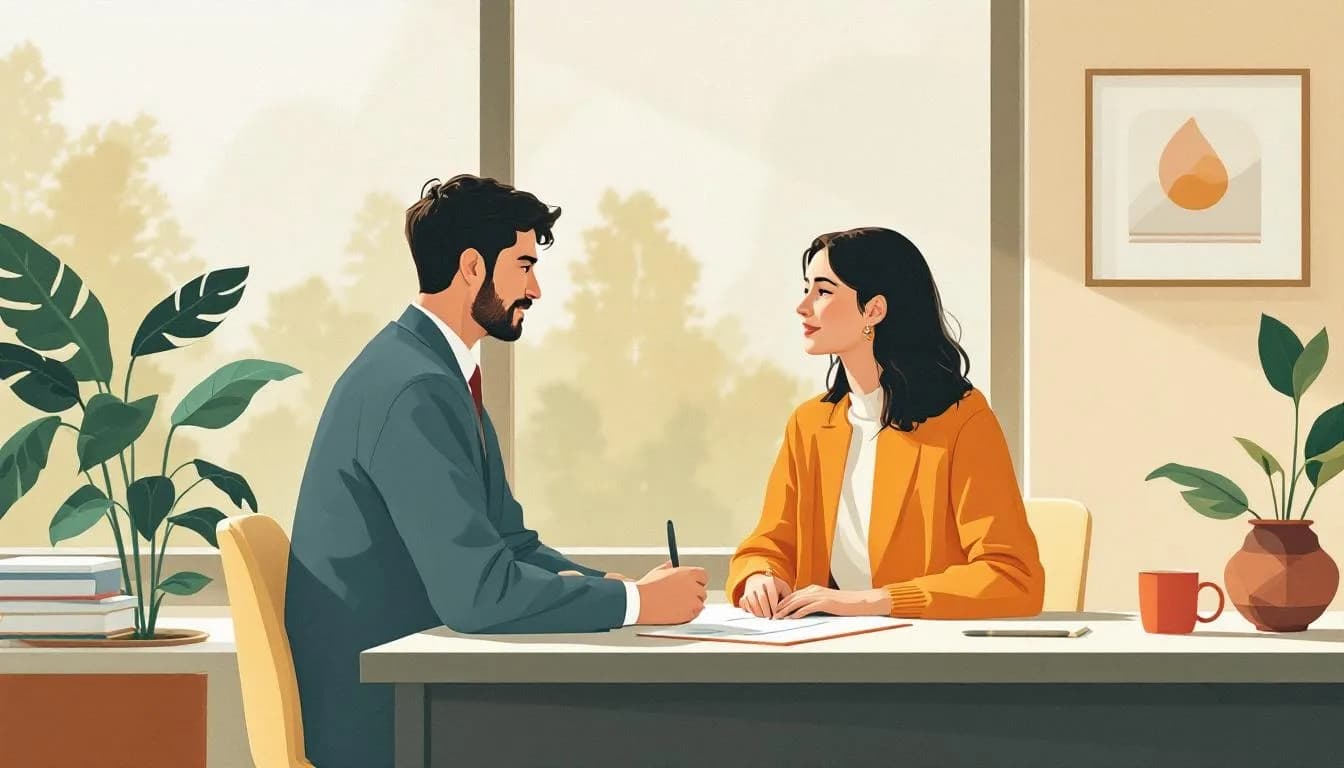 Student en begeleider in gesprek in een kantoor.