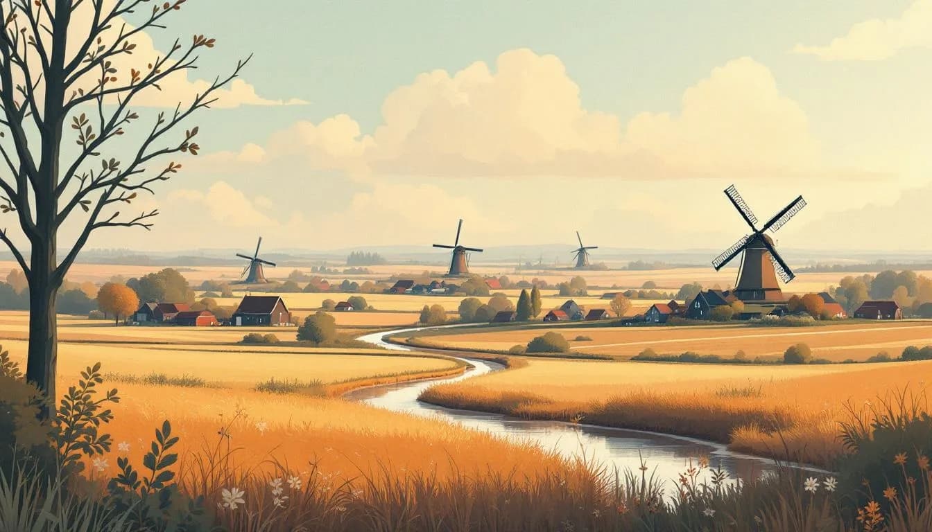 Kempisch platteland met bedrijventerrein in de verte en windmolens, herfst.