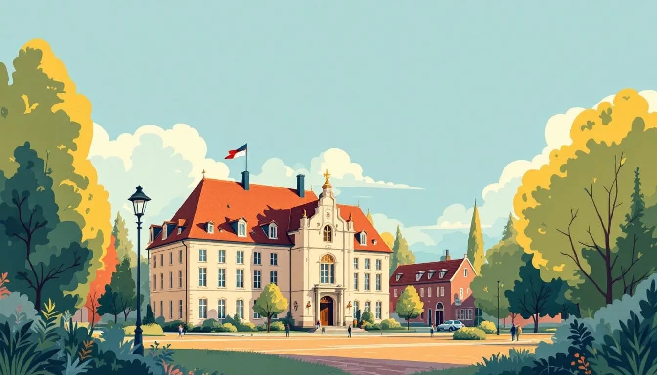 Brabants provinciehuis in Den Bosch met vlag in de wind, tegen blauwe lucht.