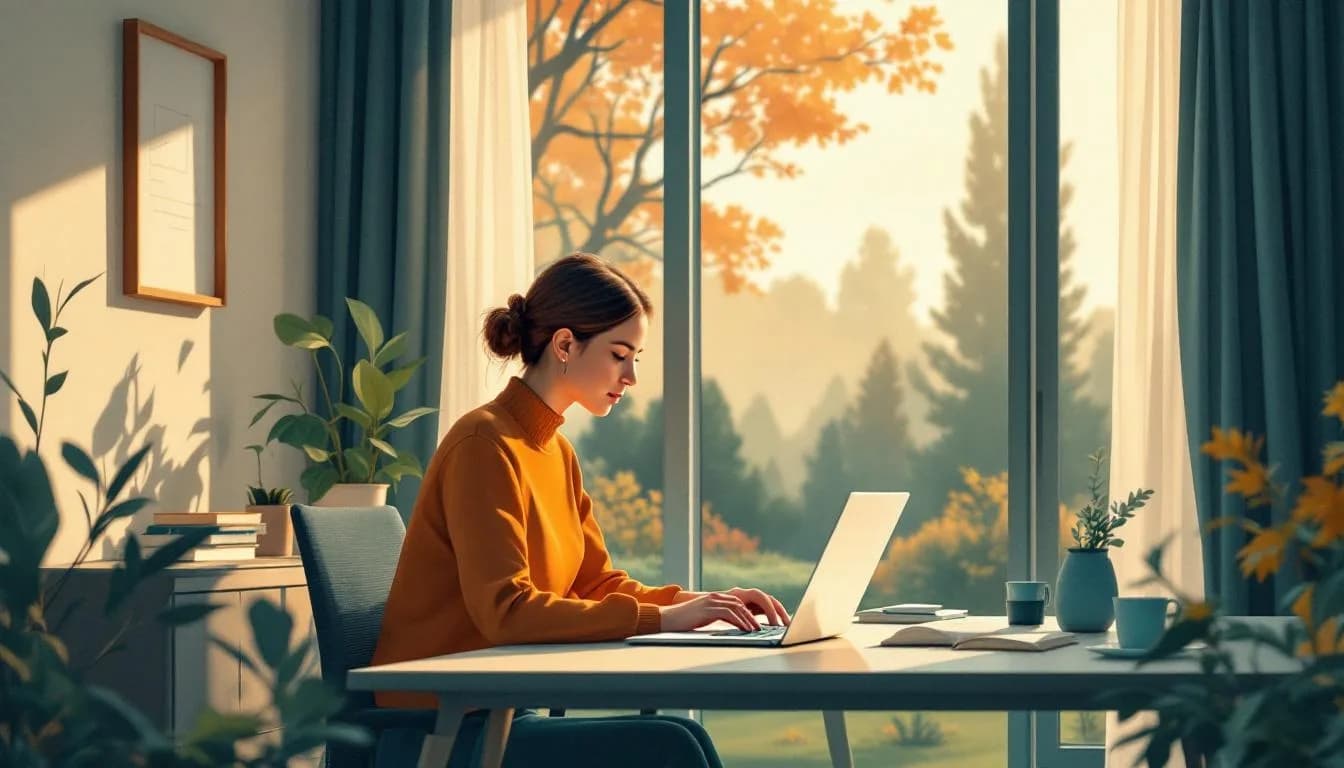 ZZP'er werkt aan bureau thuis, naast koffiekop en notitieblok, raam met uitzicht op achtertuin.