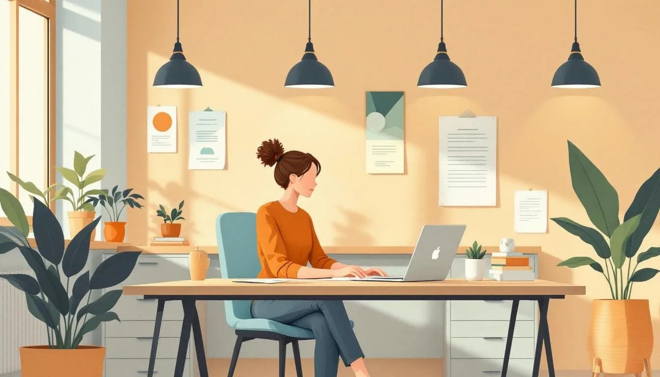 ZZP'er aan bureau in coworking space, andere ondernemers op achtergrond, daglicht.