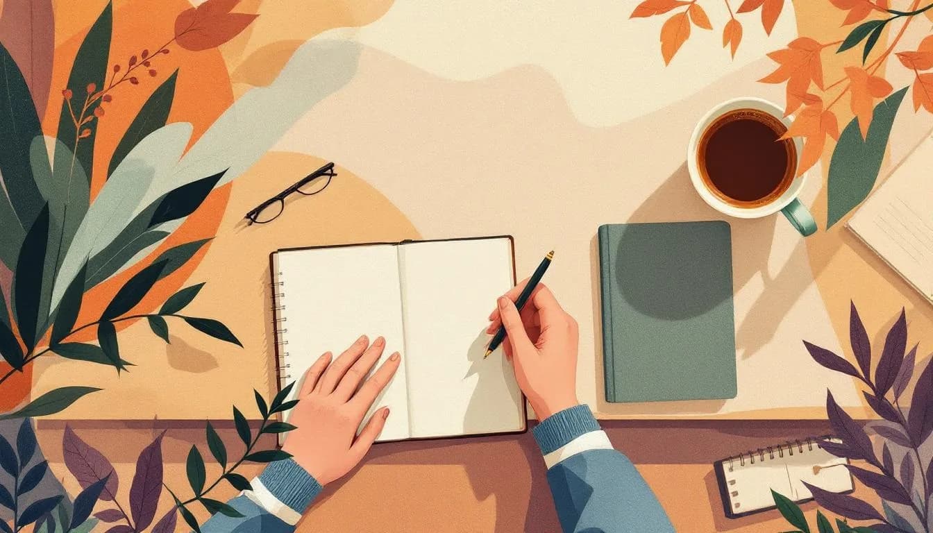 Platte illustratie: handdruk boven een tafel met notitieboek, koffie en offerte — verkopen in de Kempische variant.