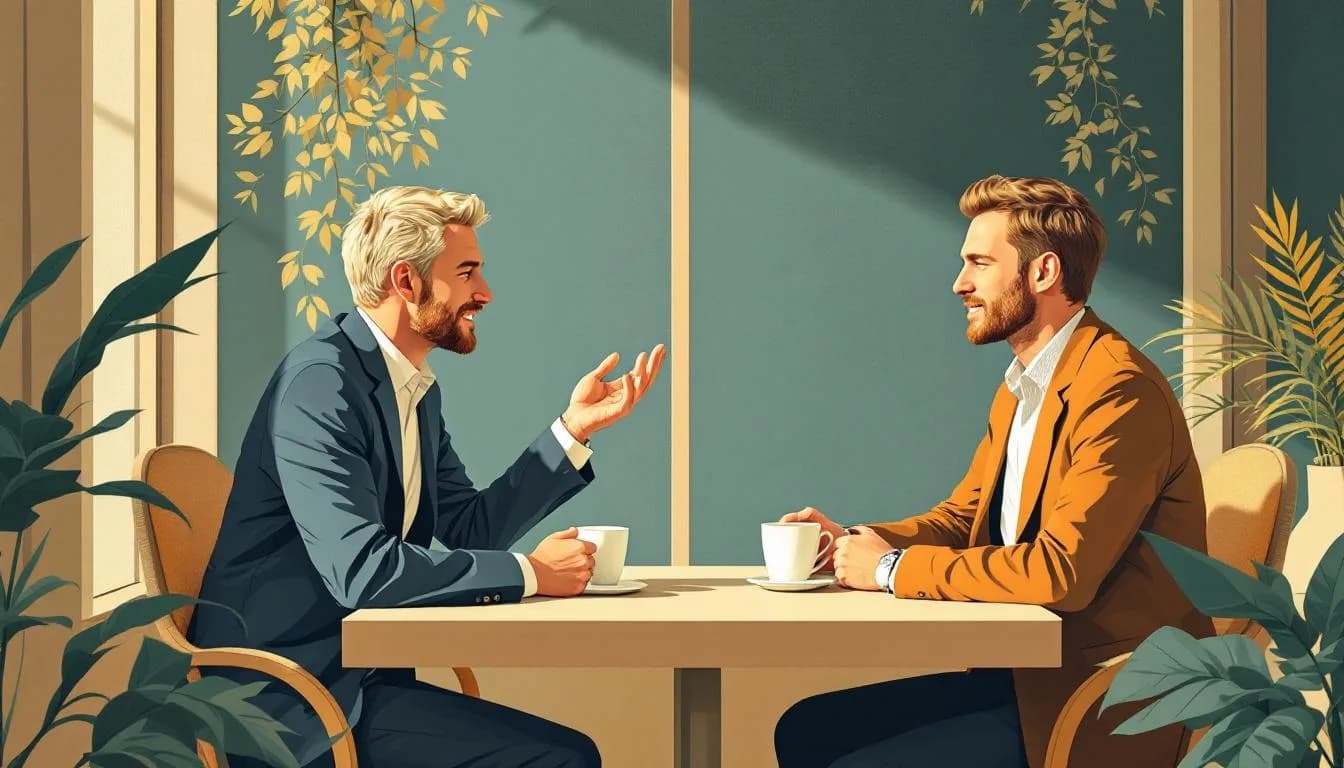Platte illustratie van een Kempische ondernemer aan tafel met klant, beide kopjes koffie, getekende offerte tussen hen in — het moment waarop vertrouwen werkelijkheid wordt.