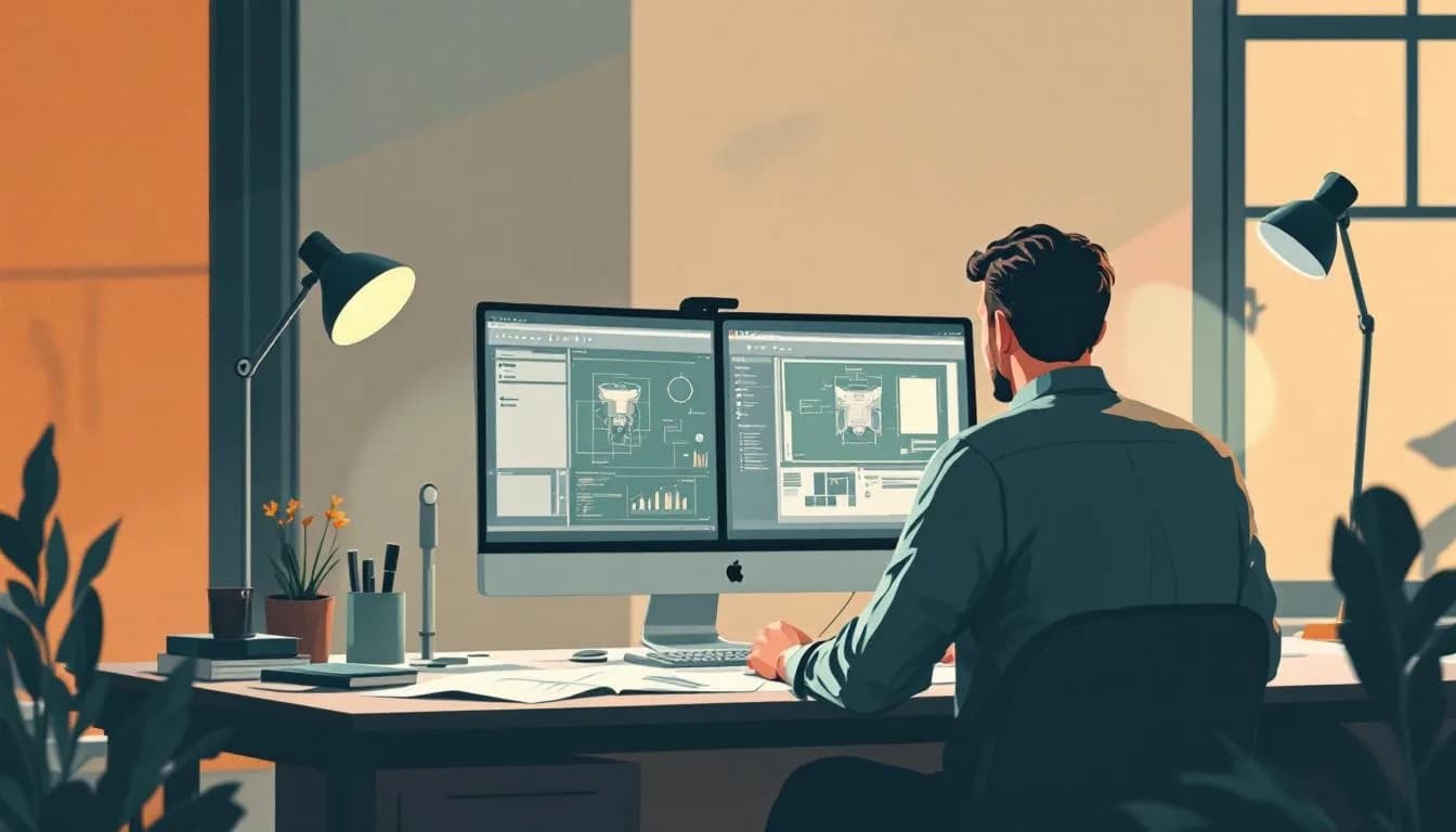 Ingenieur werkt aan een CAD-tekening op een tweede monitor, met technische tekeningen en prototypes op het bureau.