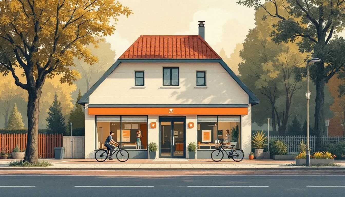 Exterieur van een lokale Rabobank-vestiging aan een Kempische dorpsstraat, herfst, met fietsen ervoor.