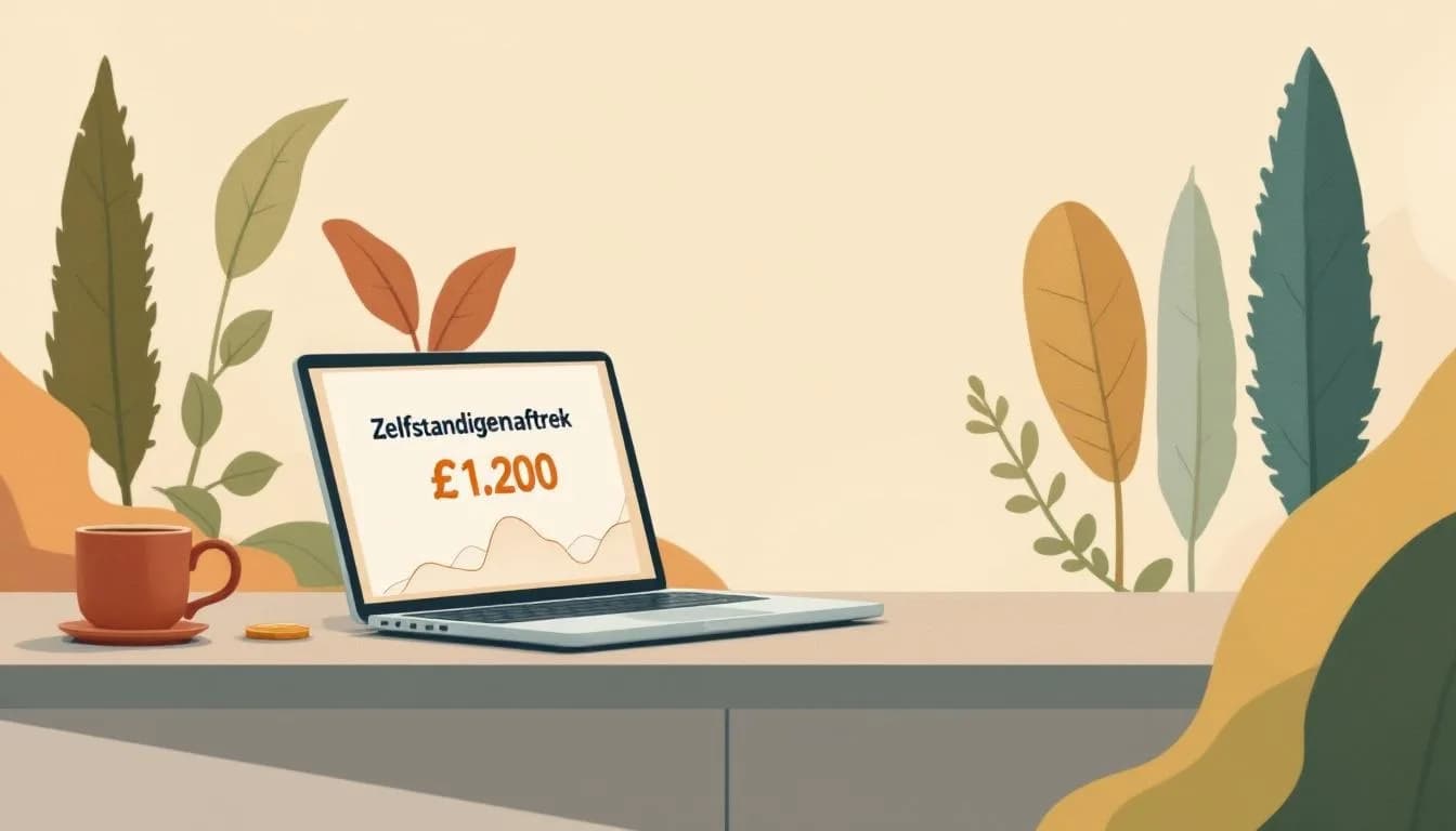 Kassabon met daarop "Zelfstandigenaftrek €1.200" naast een laptop met een winstoverzicht.