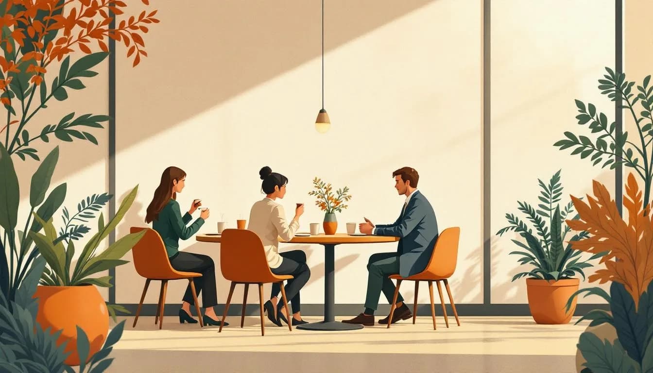 Netwerkbijeenkomst met ondernemers in een zaaltje, statafels en koffie.