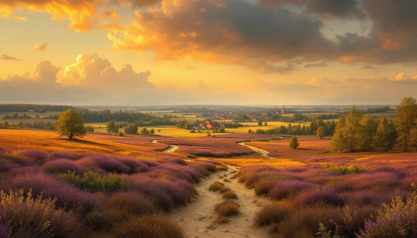 Panoramisch landschap van de Kempen met heidevelden en dorpsgezicht