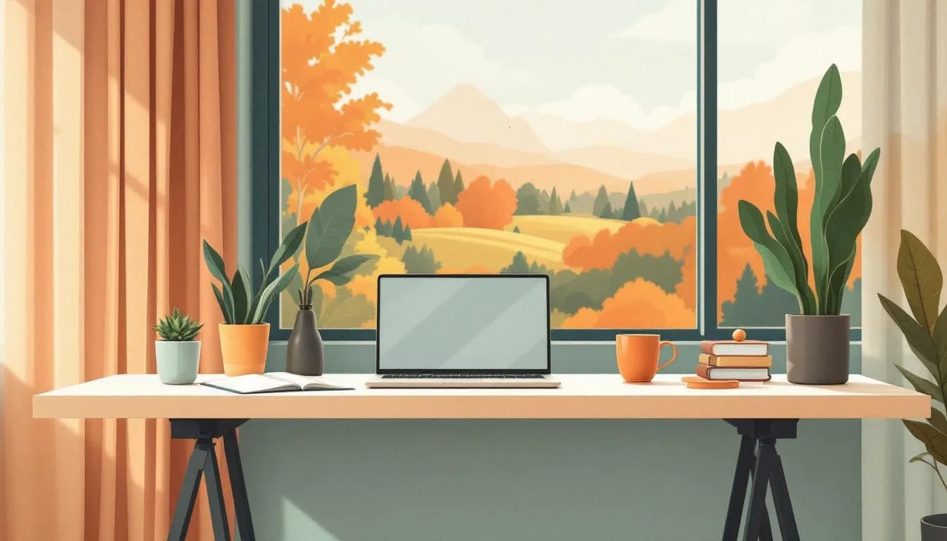 Platte werkplek met laptop, agenda, koffiekop en schetsblok — symbool voor de dagelijkse digitale omgeving van een ondernemer.