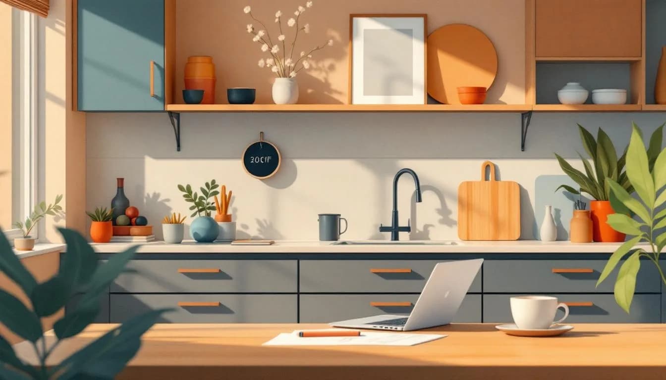 Ondernemer aan keukentafel met laptop, koffie en schetsblok — planningmoment voor welke tools als eerste in te zetten.