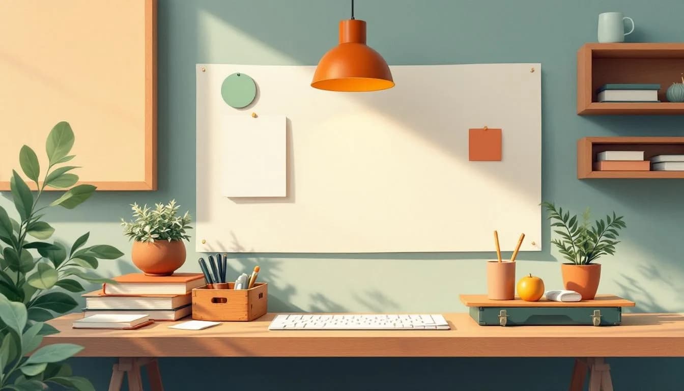 Platte tekening van een bureau waar een rij kleine vakjes elkaar aanraken — de koppeling tussen tools als zichtbare schakel.