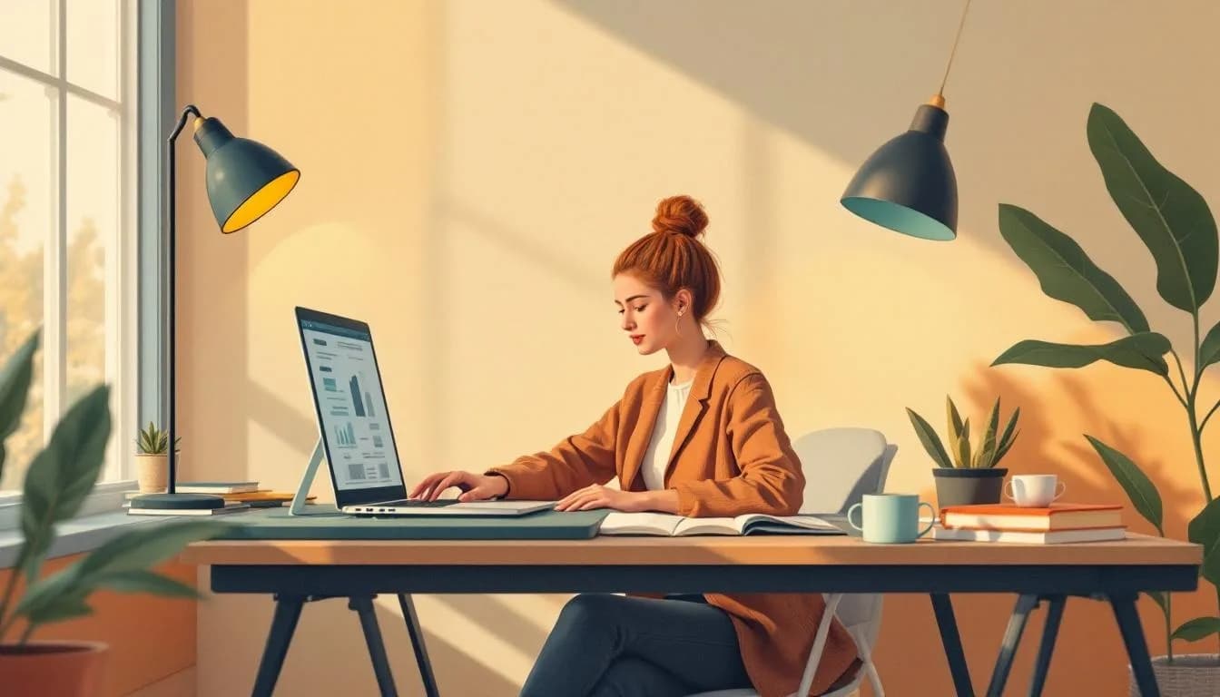 Werkplek met laptop, scanner en koffiemok, met een geordende stapel zakelijke bonnetjes naast een boekhoudprogramma op het scherm.